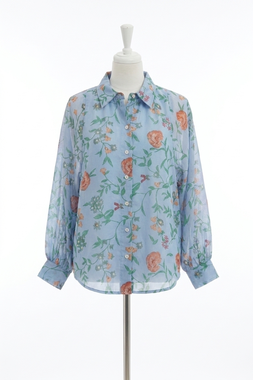 NEW ENTRO women's floral print long sleeve button up top in blue